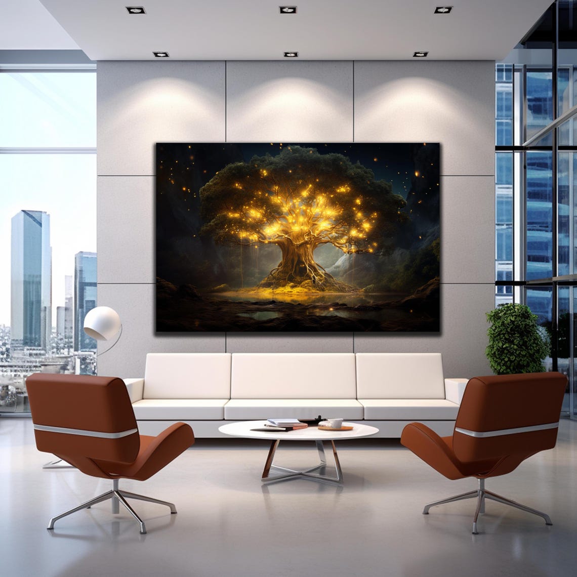 Golden Enchanted Tree Night Glowing Forest Firefly Light Wall Art - Image 3