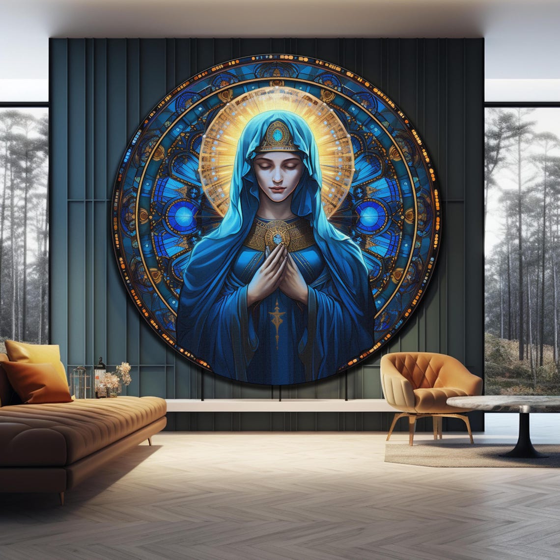 Virgin Mary Blue Stained Glass Praying Hands Golden Halo Wall Art - Image 4