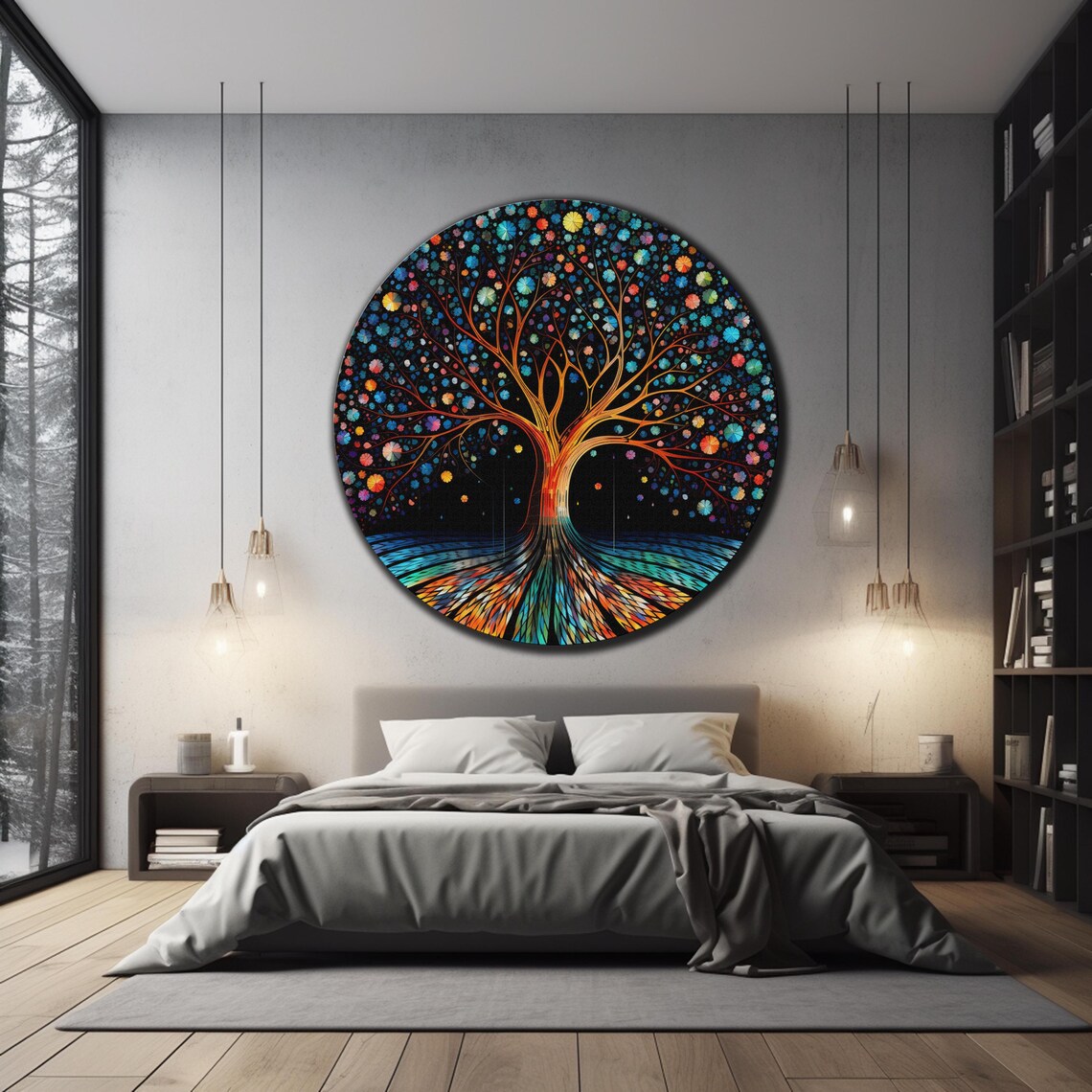 Tree of Life Round Colorful Flower Bloom Night Sky Wall Art Poster - Image 2