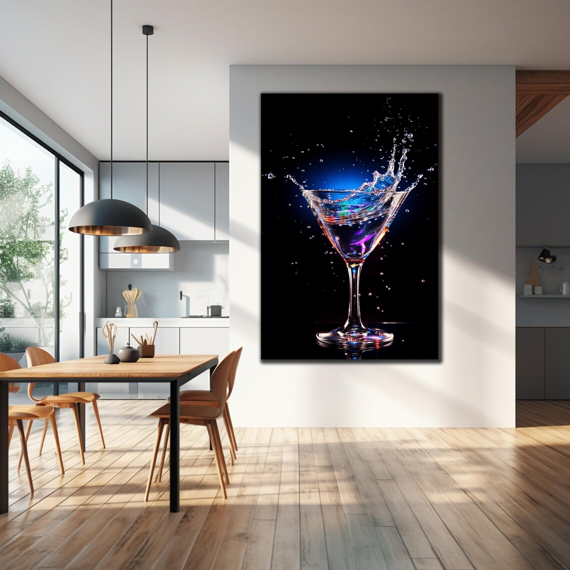 Blue Martini Splash Glass Wall Art Black Background Iridescent Cocktail Bar Print - Image 2