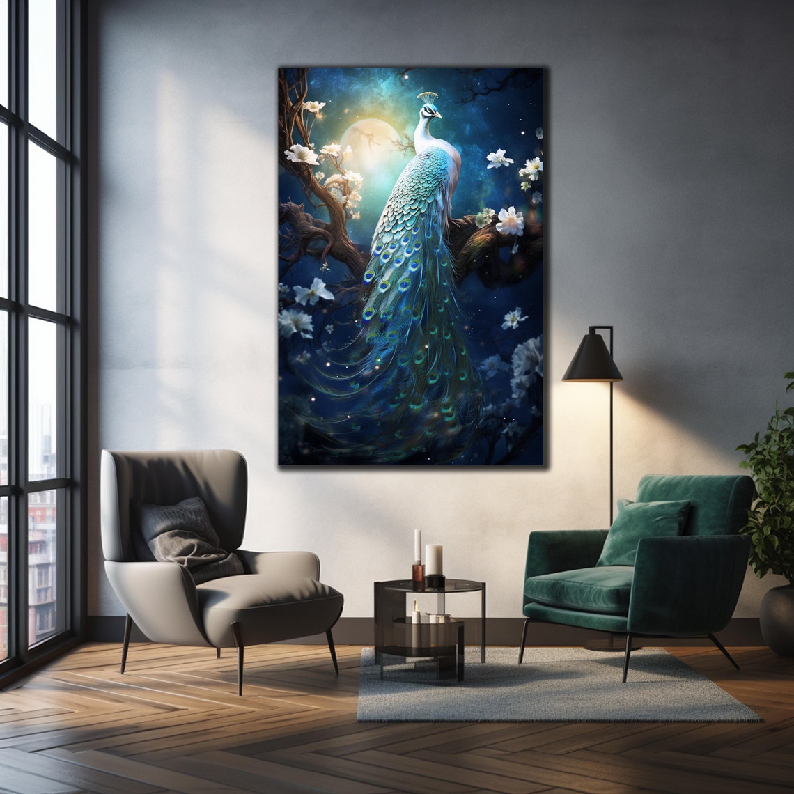 White Peacock Moonlight Night Blossom Tree Elegant Animal Wall Poster - Image 2