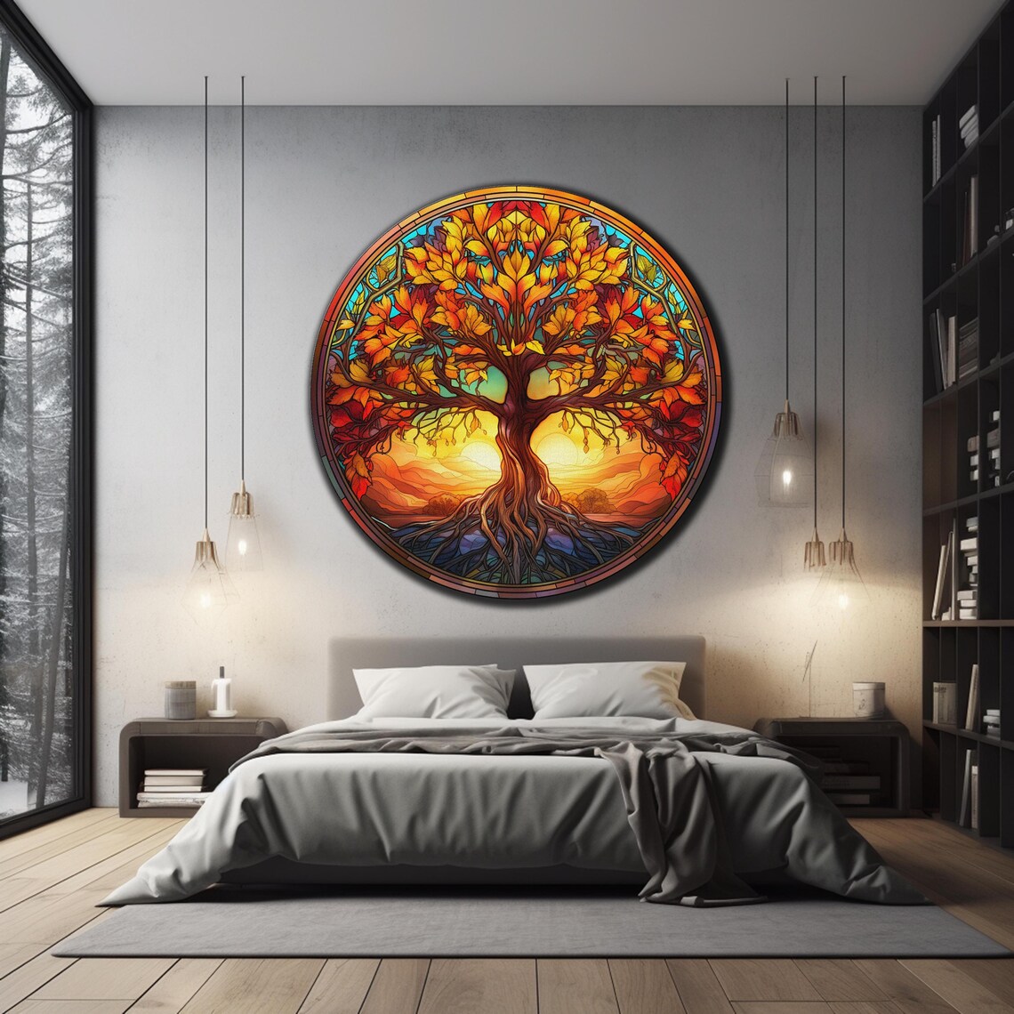 Tree of Life Round Stained Glass Fiery Sunset Autumn Wall Art Poster - Image 3
