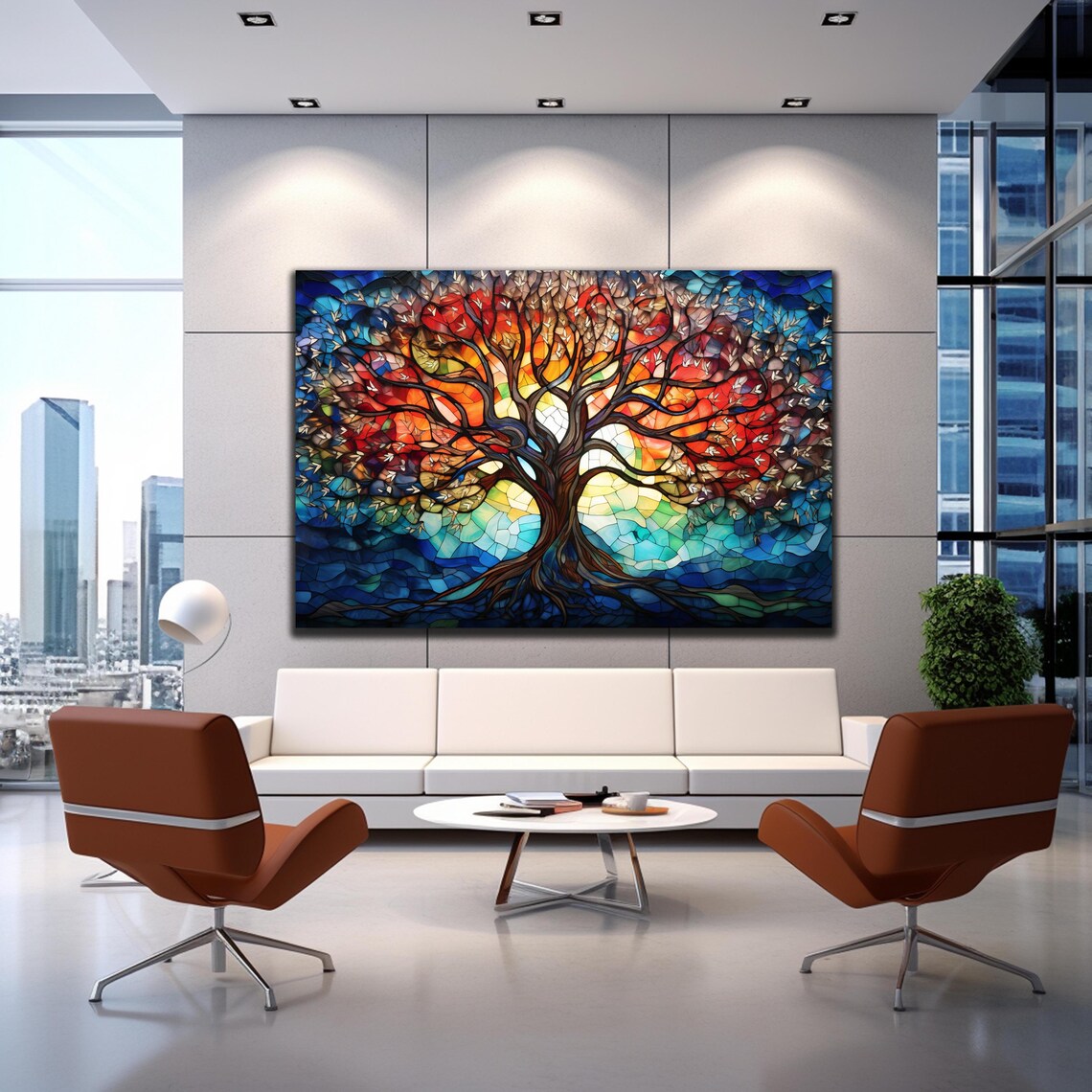 Tree of Life Red Blue Stained Glass Mosaic Fiery Crown Wall Art - Image 3