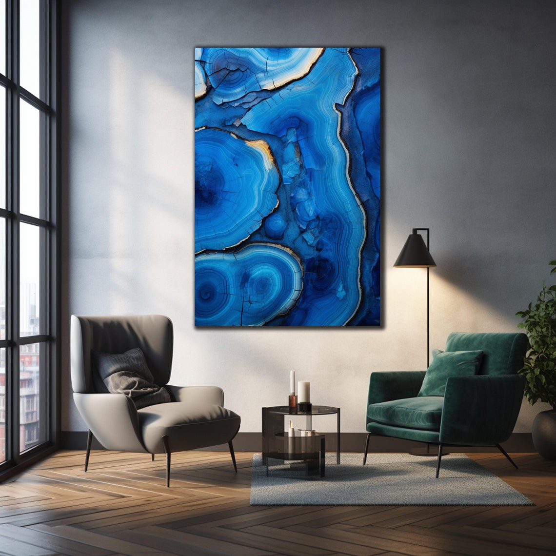 Blue Agate Stone Epoxy Art Gold Rim Luxury Modern Abstract Poster - Image 3