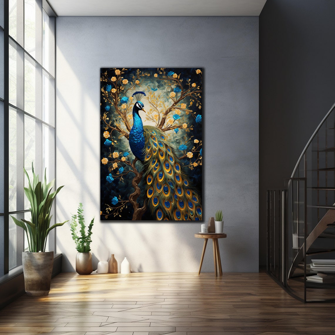 Blue Peacock Golden Feathers Blossoms Dark Painting Animal Wall Print - Image 4
