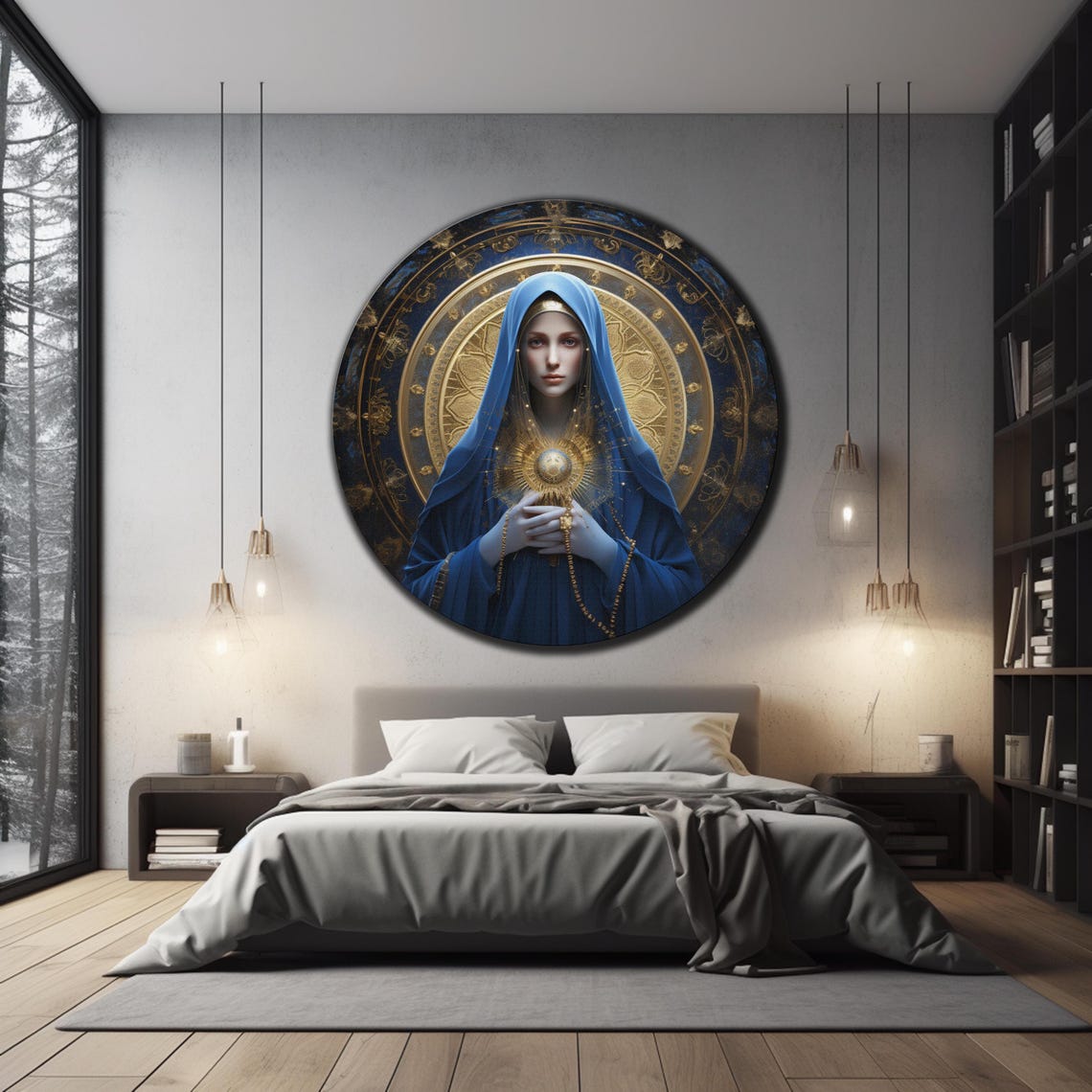Virgin Mary Blue Robe Golden Rosary Prayer Celestial Round Wall Art - Image 3