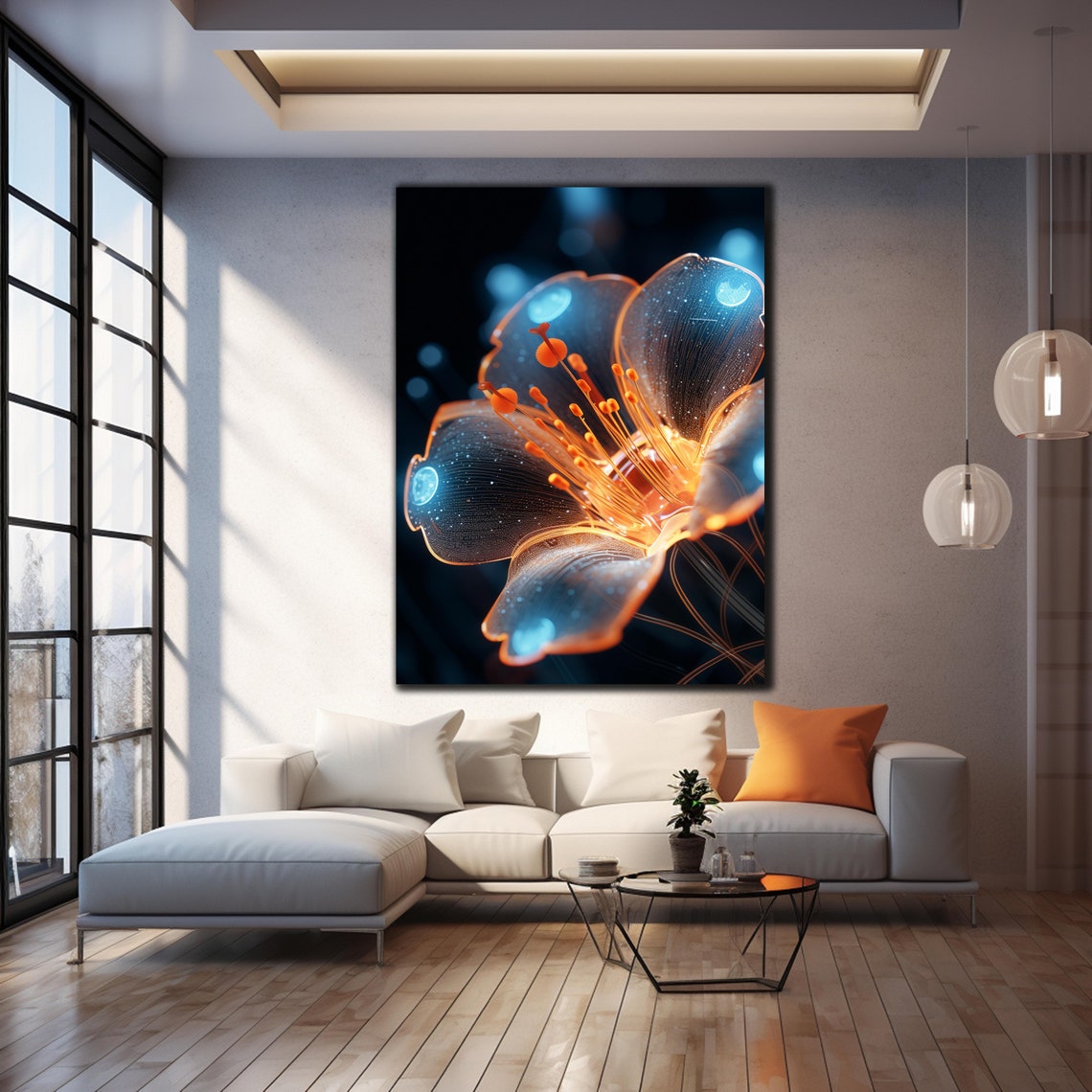 Glowing Crystal Flower Orange Stamens Dark Blue Floral Wall Art Print - Image 4