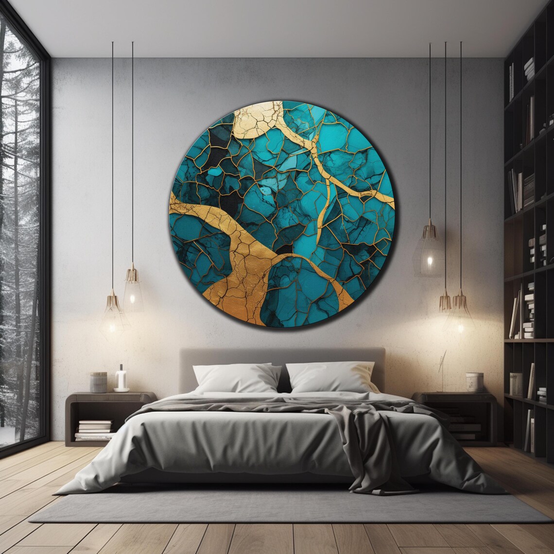 Turquoise Teal Marble Gold Vein Abstract Luxury Round Glass Wall Art - Image 3