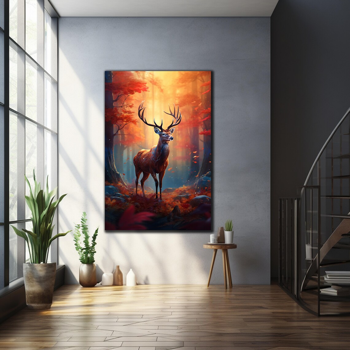 Red Deer Stag Glass Wall Art Autumn Forest Golden Light Antlers Decor Print - Image 2