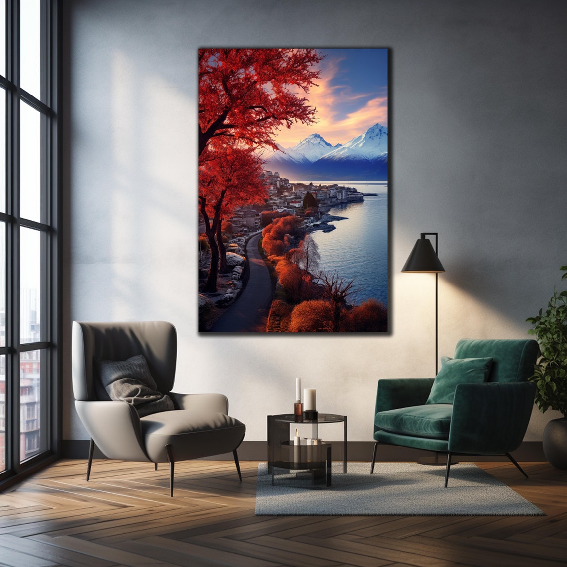 Alpine Lake Town Autumn Red Trees Snow Peaks Sunset Travel Poster - Image 3