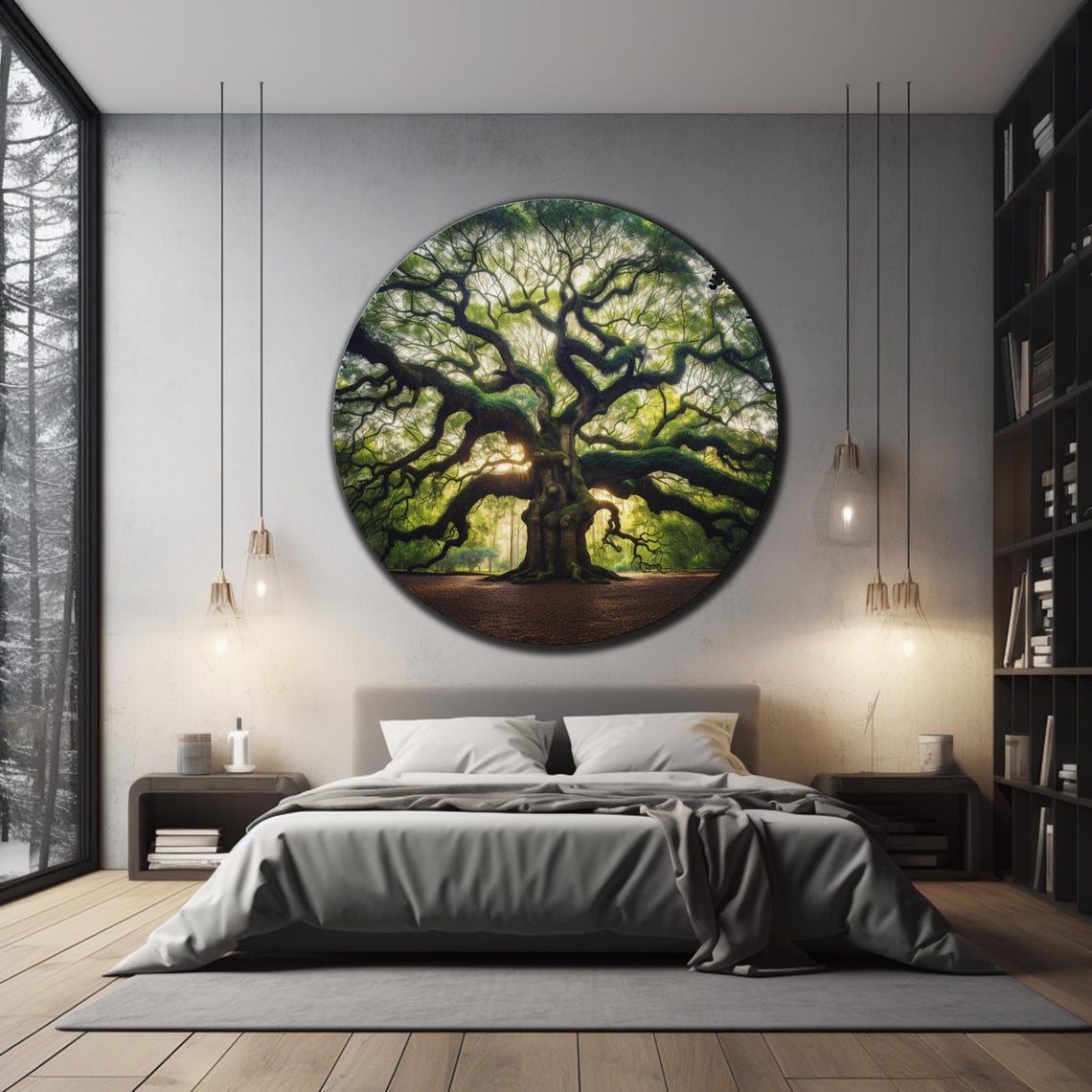 Ancient Angel Oak Tree Mossy Branches Sunlit Canopy Round Wall Art - Image 2