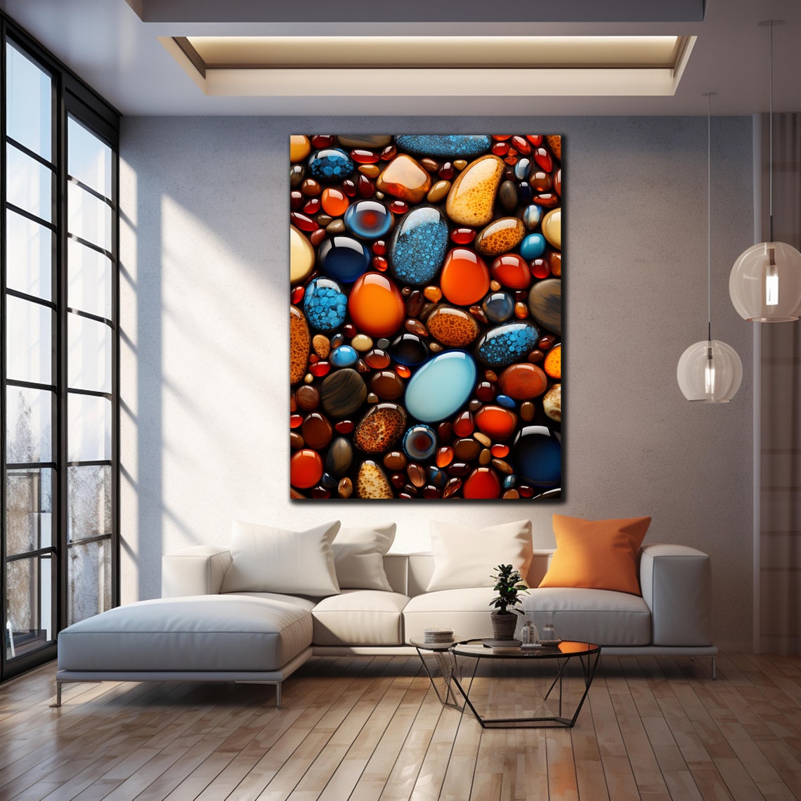 Glossy River Stones Orange Blue Red Dark Background Art Wall Poster - Image 3