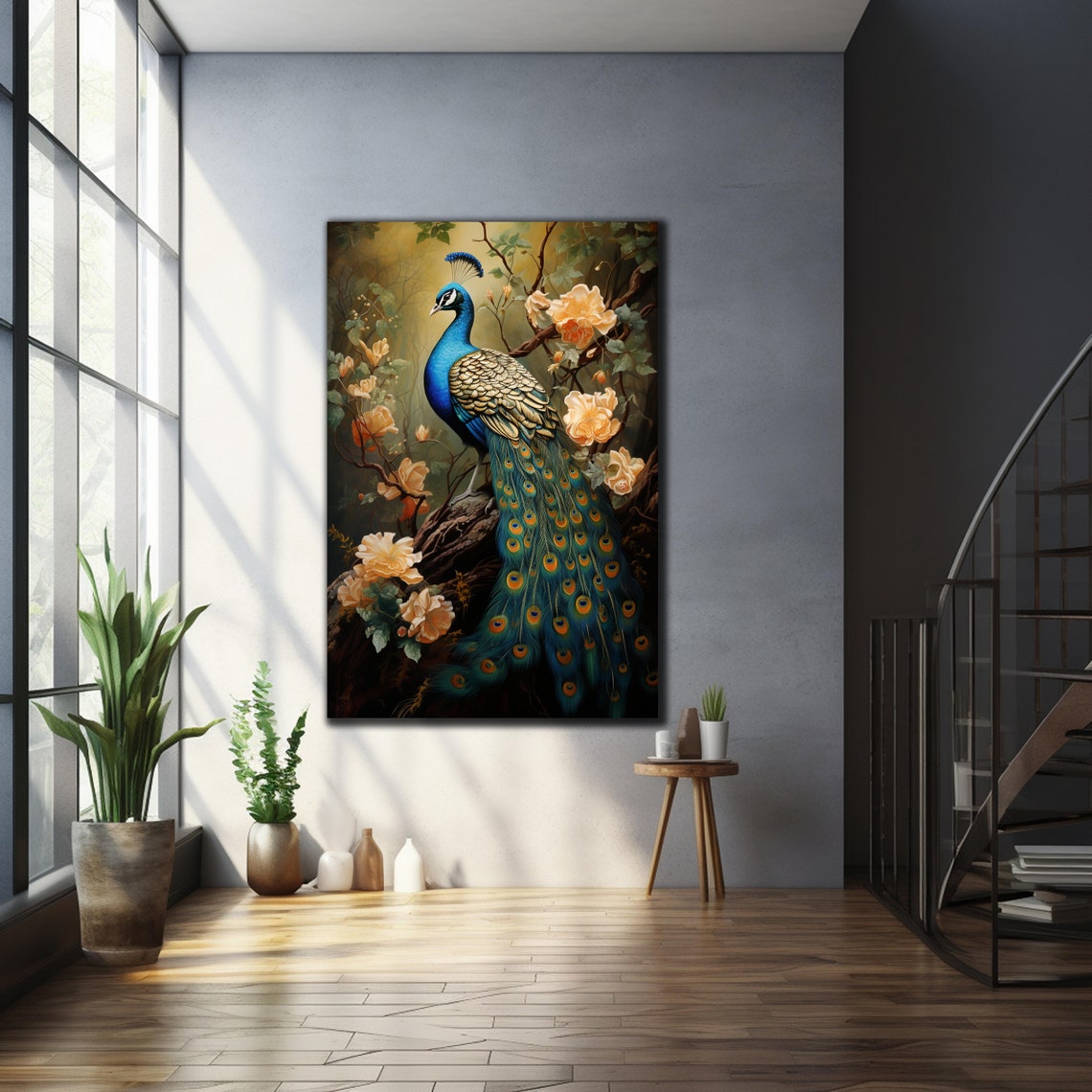 Peacock Golden Roses Floral Forest Vintage Botanical Style Wall Art - Image 3