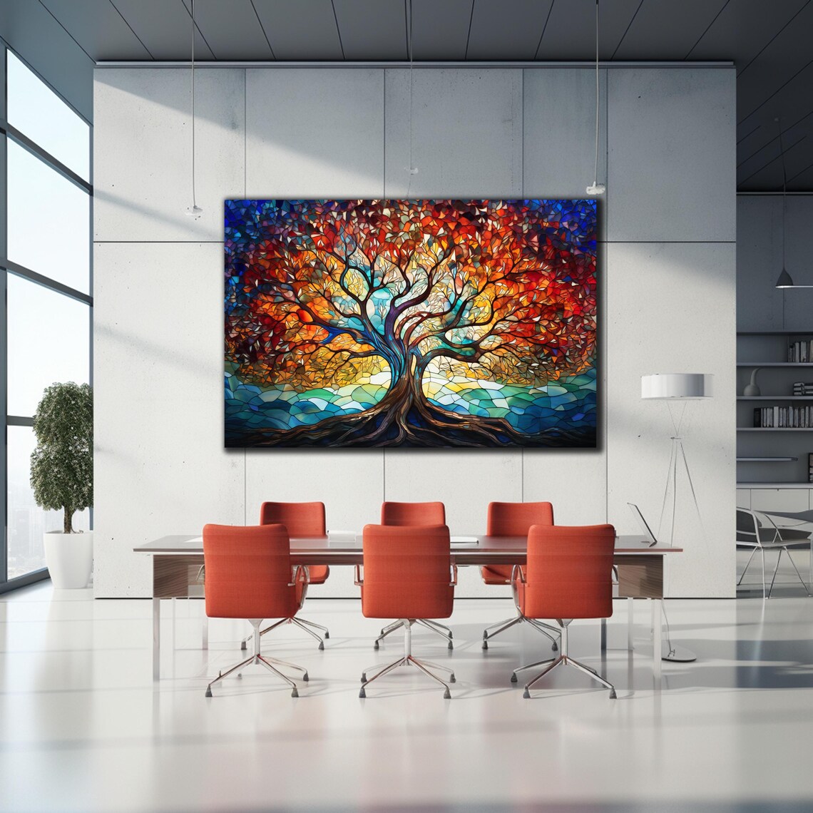 Tree of Life Stained Glass Mosaic Red Blue Fiery Canopy Wall Art - Image 2
