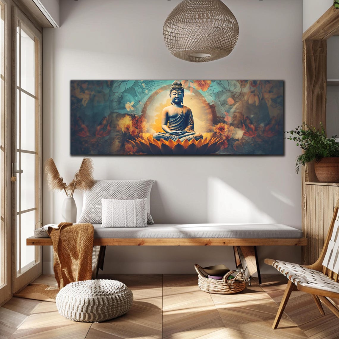 Buddha Golden Lotus Bloom Teal Floral Halo Panoramic Wall Art - Image 4