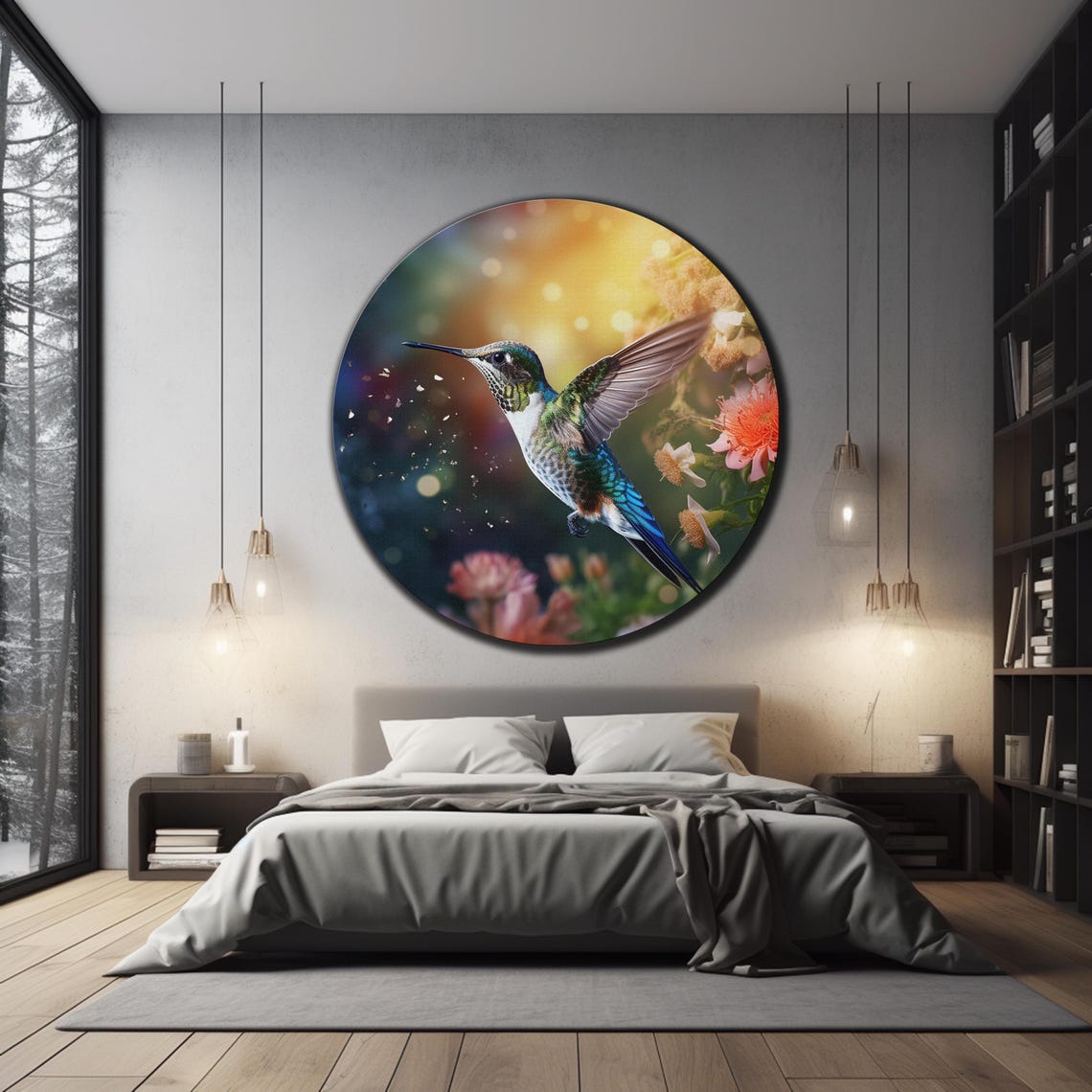 Hummingbird Flight Iridescent Green Flowers Golden Glow Round Wall Art - Image 3