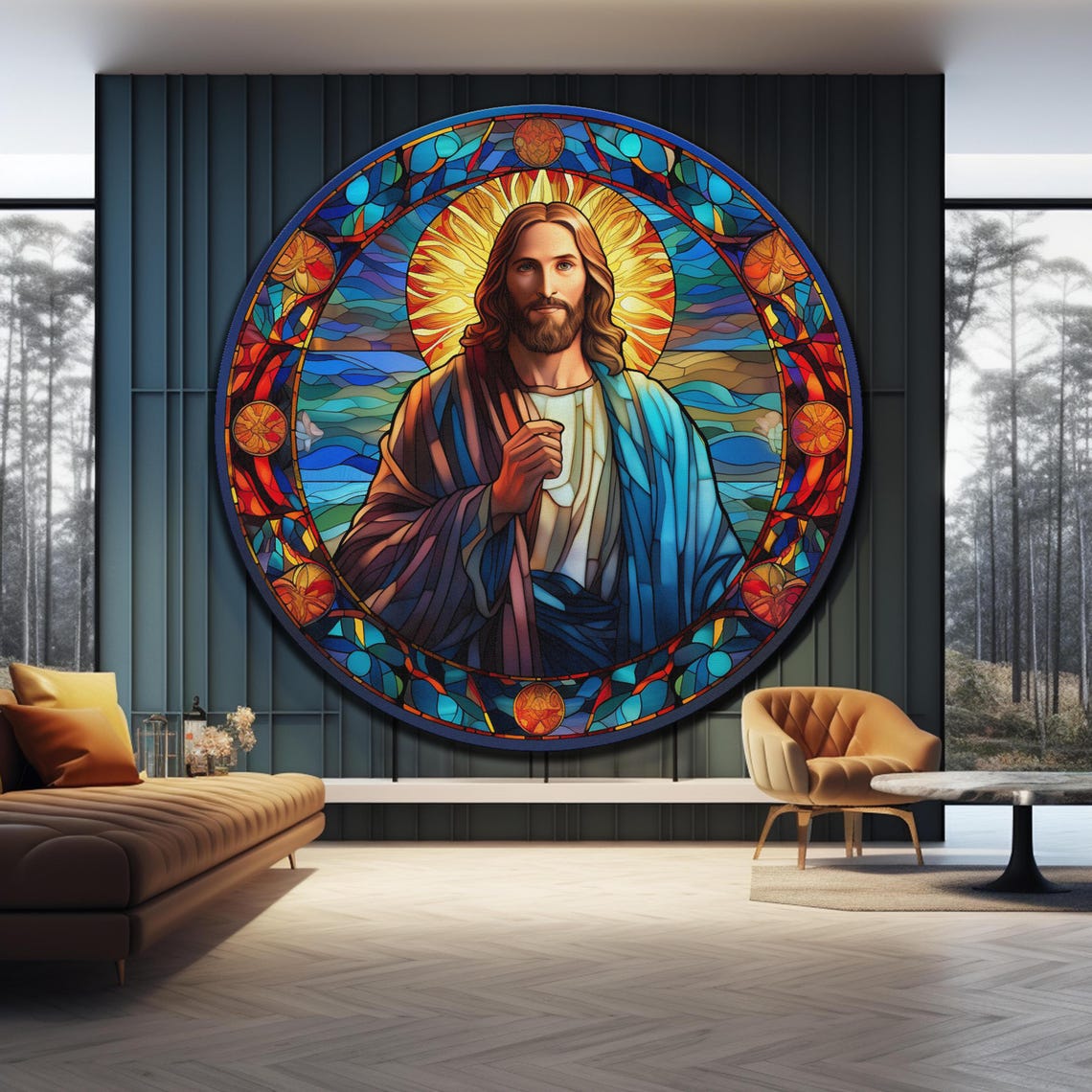 Jesus Christ Colorful Stained Glass Blue Robe Golden Halo Wall Art - Image 4
