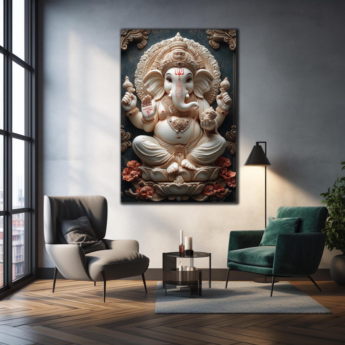 White Ganesha Statue Lotus Red Accents Hindu Blessing Wall Art Poster - Image 3
