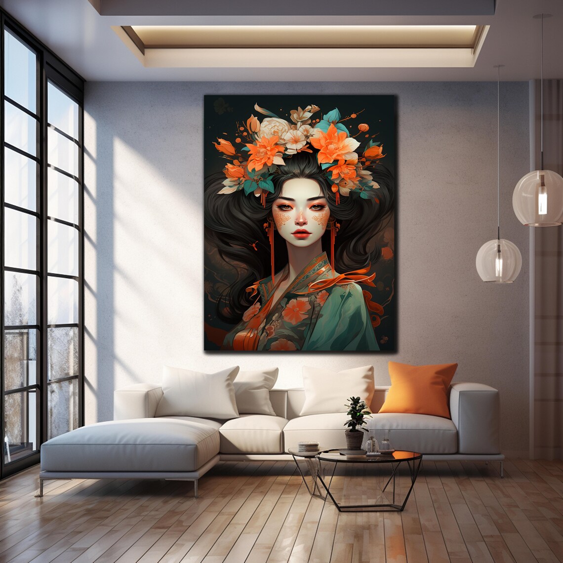 Orange Floral Crown Portrait Green Silk Kimono Dreamy Art Wall Poster - Image 4