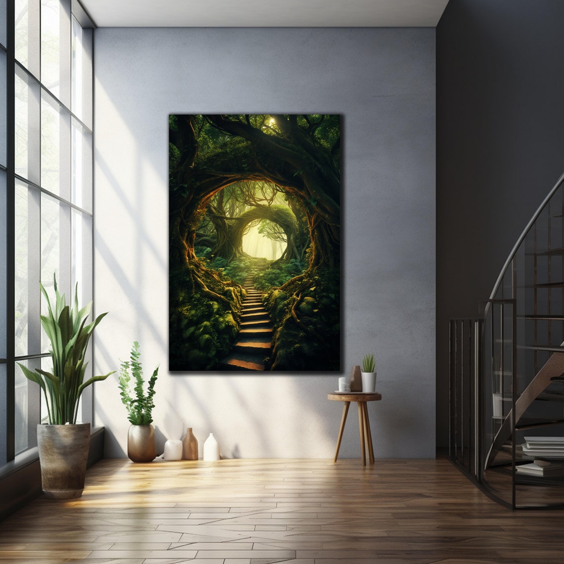 Ancient Twisted Tree Tunnel Stone Stairs Sunlit Forest Art Poster - Image 3