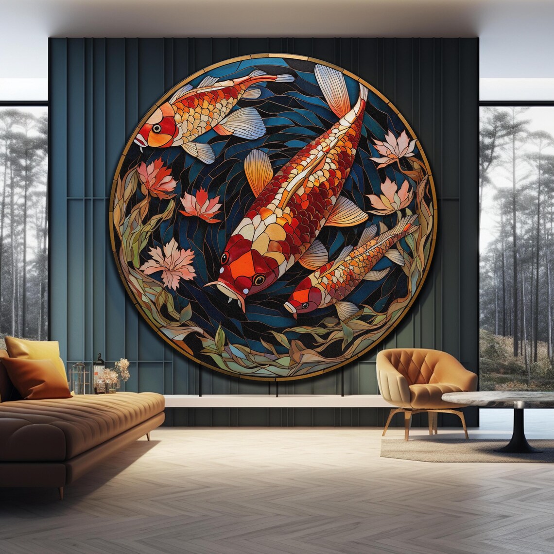 Koi Fish Stained Glass Round Lotus Pond Japanese Style Wall Art Poster - Image 4