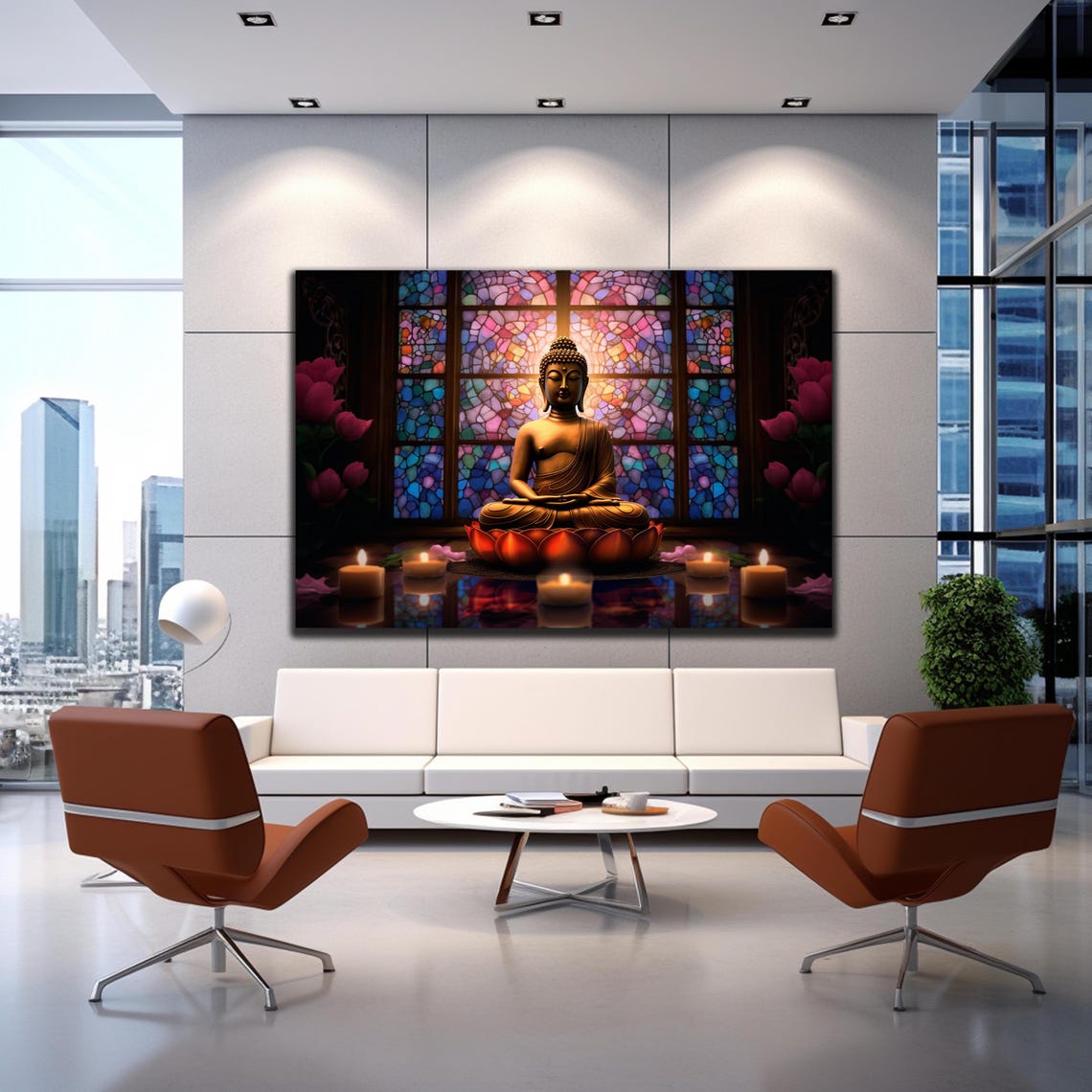 Buddha Lotus Stained Glass Window Serene Meditation Temple Wall Art - Image 3