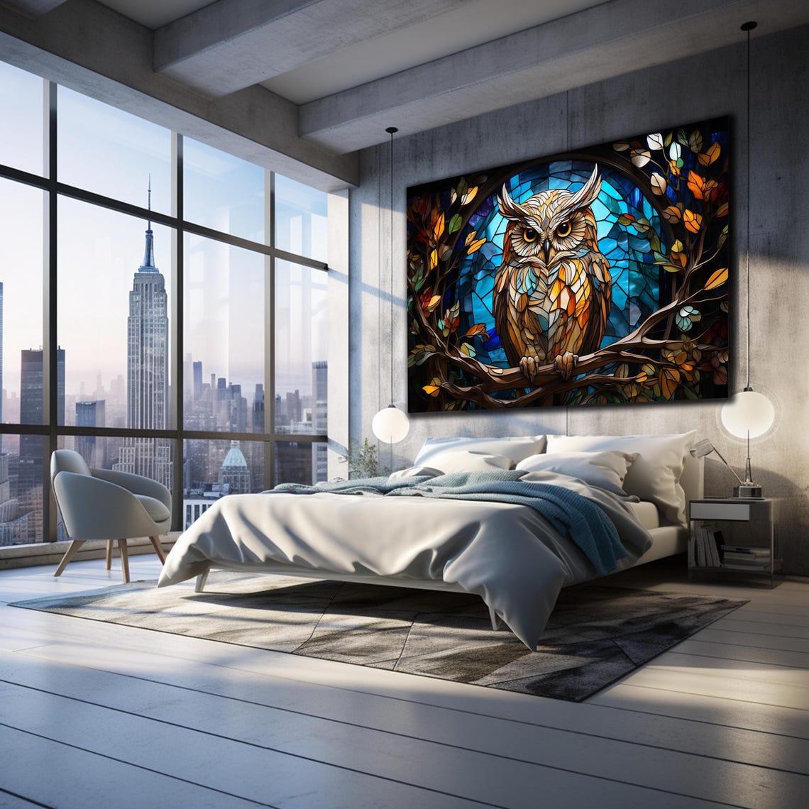 Stained Glass Owl on Branch Amber Gold Blue Night Window Wall Art - Image 3