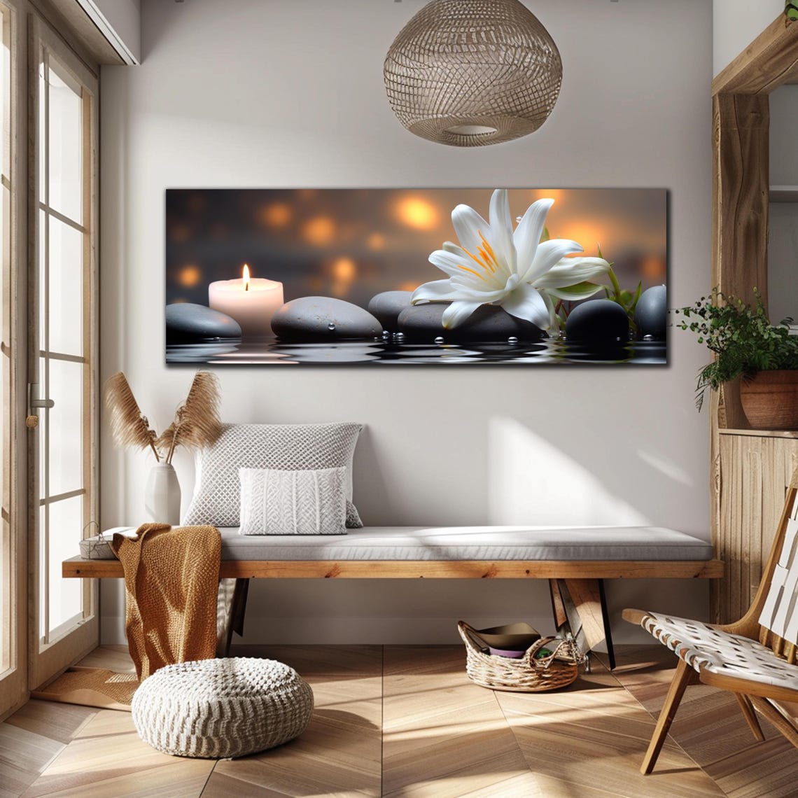 White Lily Candle Zen Stones Dark Water Glow Panoramic Wall Art - Image 3