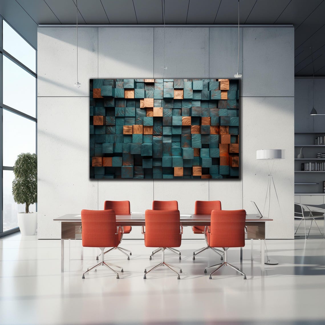 Dark Teal Wood Cube Mosaic Copper Accents 3D Abstract Art Poster - Image 2