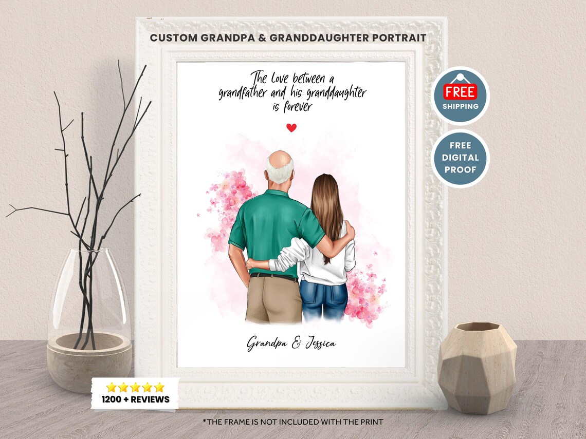 Custom Grandpa and Granddaughter Portrait Print Gift for Family