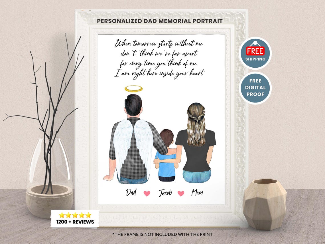 Personalized Dad Memorial Portrait Angel Father Keepsake Print