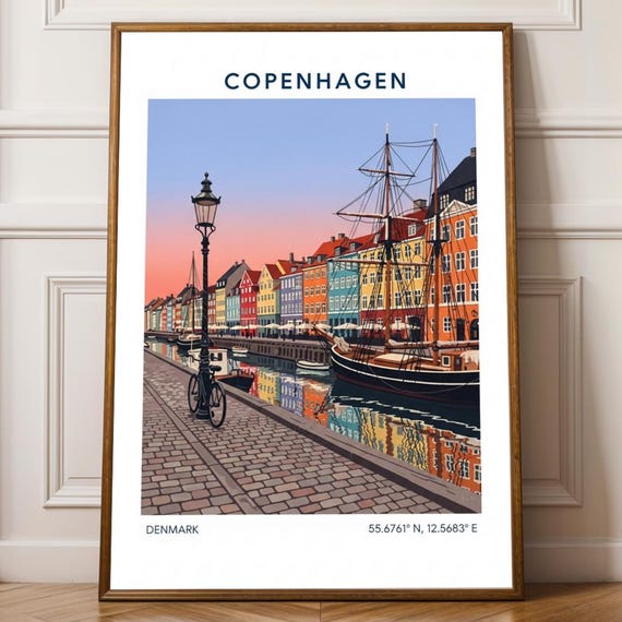 Nyhavn Harbor Copenhagen Poster Scandinavian Travel Art Orange And Red Cityscape Colorful Illustration For Enthusiasts