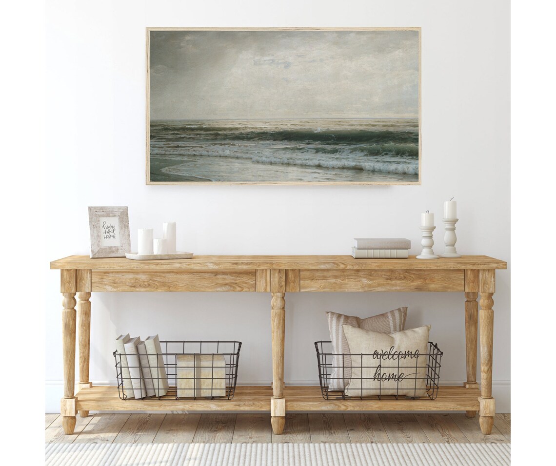 Moody Green Beach Vintage Ocean Seascape Art Print - Image 3