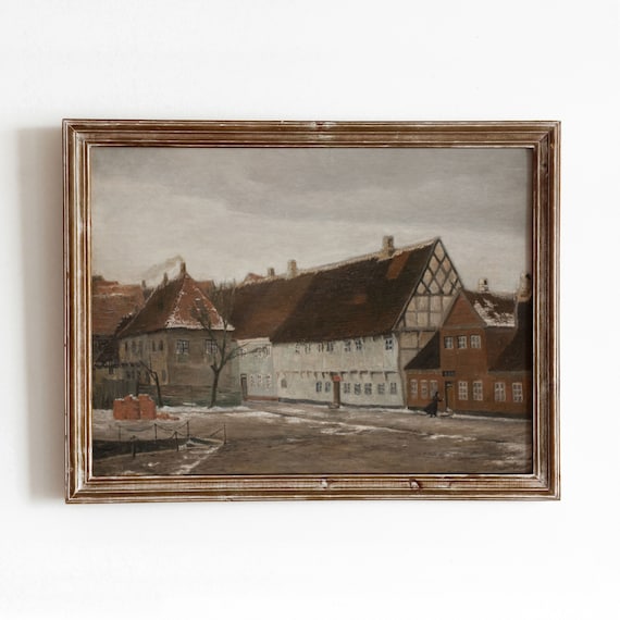 Winter Evening Vintage Moody Village Painting Cold European Town Art 392