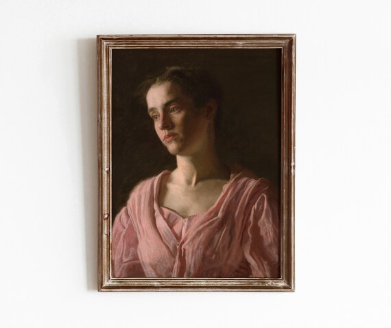 Woman in Pink Dress Vintage Classical Portrait Dark Background Oil Poster
