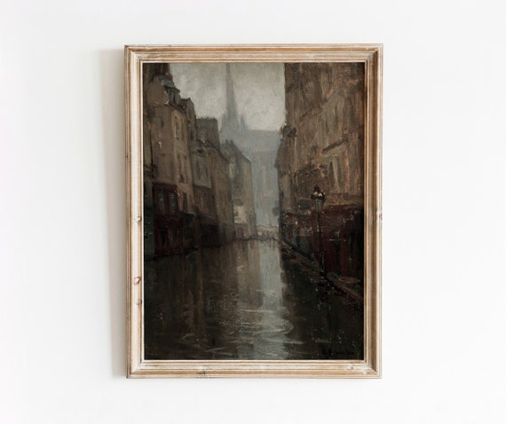 Rainy Street Vintage Moody Architecture Painting French Parisian Building Road Art 839