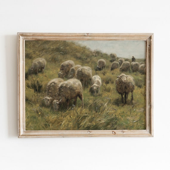 Grazing Sheep Vintage Animal Landscape Painting Art