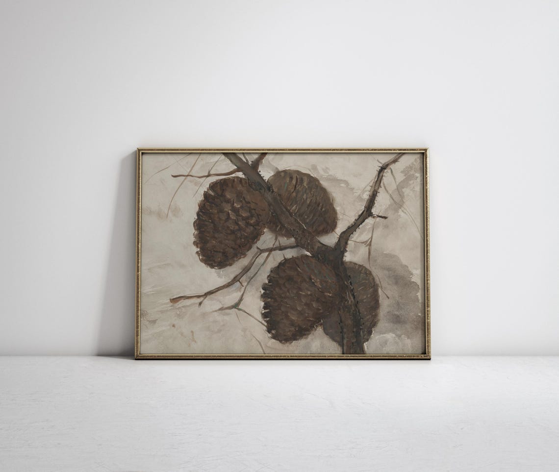 Brown Pine Cones On Branch Beige Watercolor Botanical Minimal Wall Art - Image 2
