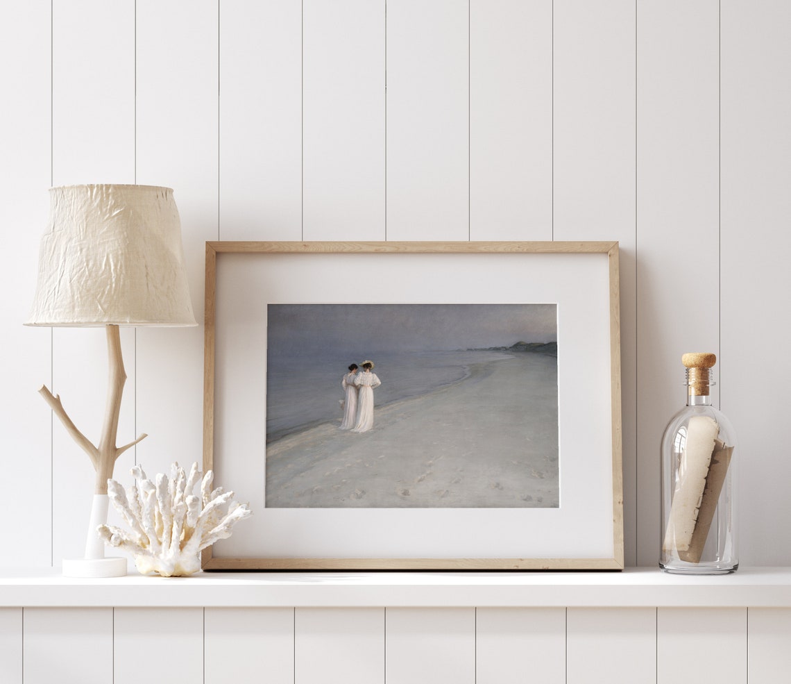 Two Victorian Ladies Evening Walk On Pale Shore At Dusk Beach Poster - Image 3
