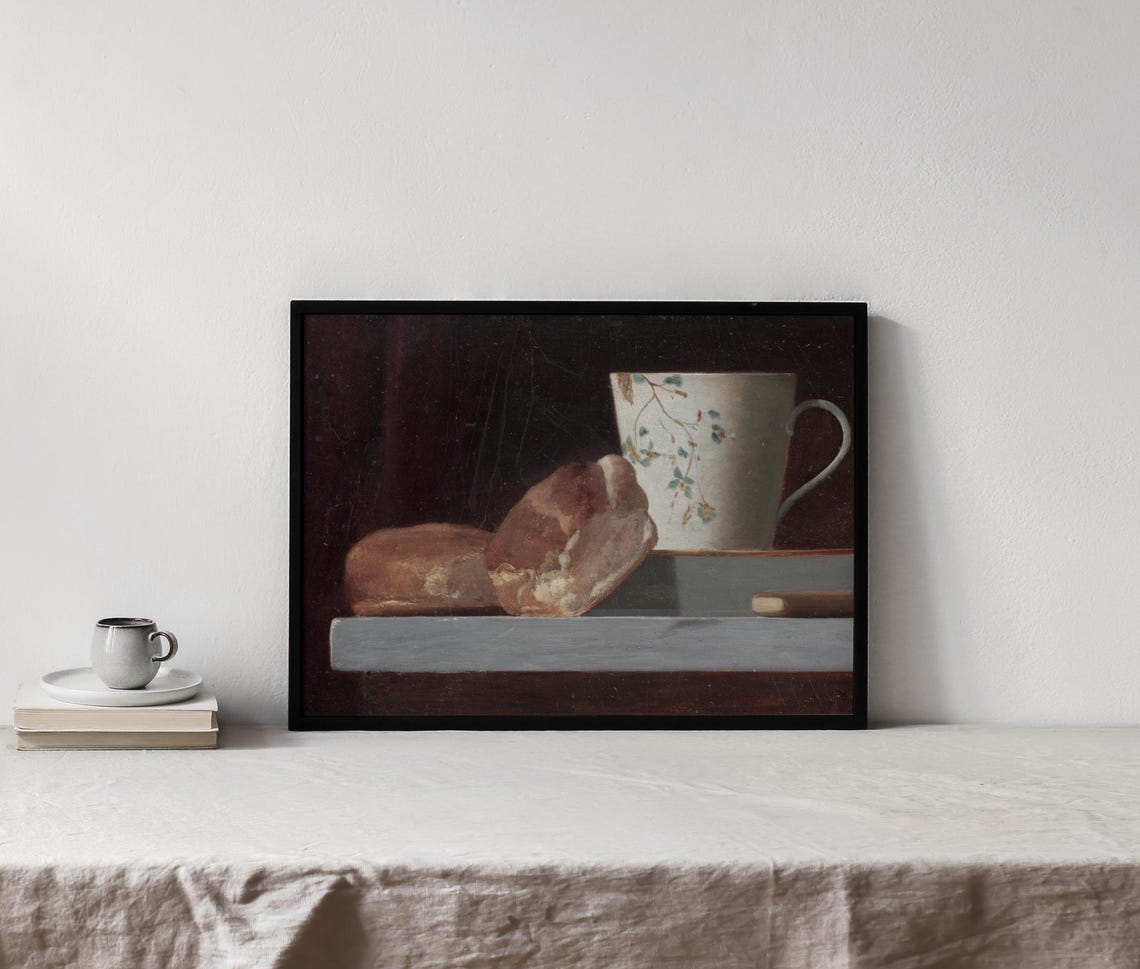 Moody Still Life Floral Cup And Fresh Bread Rolls On A Ledge Art Print - Image 4