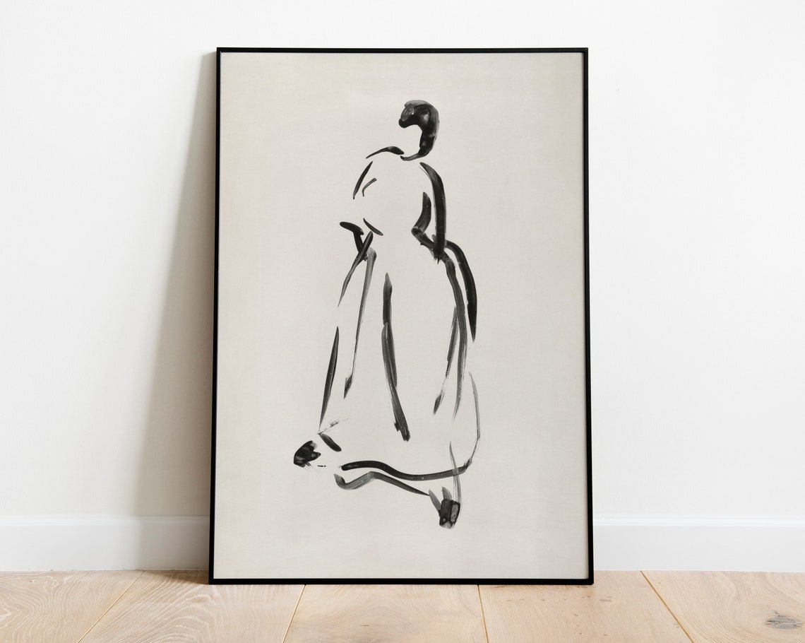 Minimal Black Ink Sketch Elegant Woman Silhouette Long Dress Art Print - Image 4