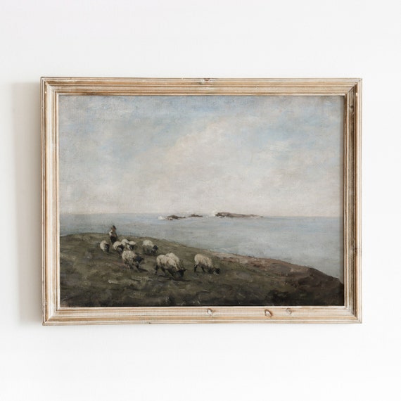 Sheep by the Sea Vintage Coastal Landscape Art Print