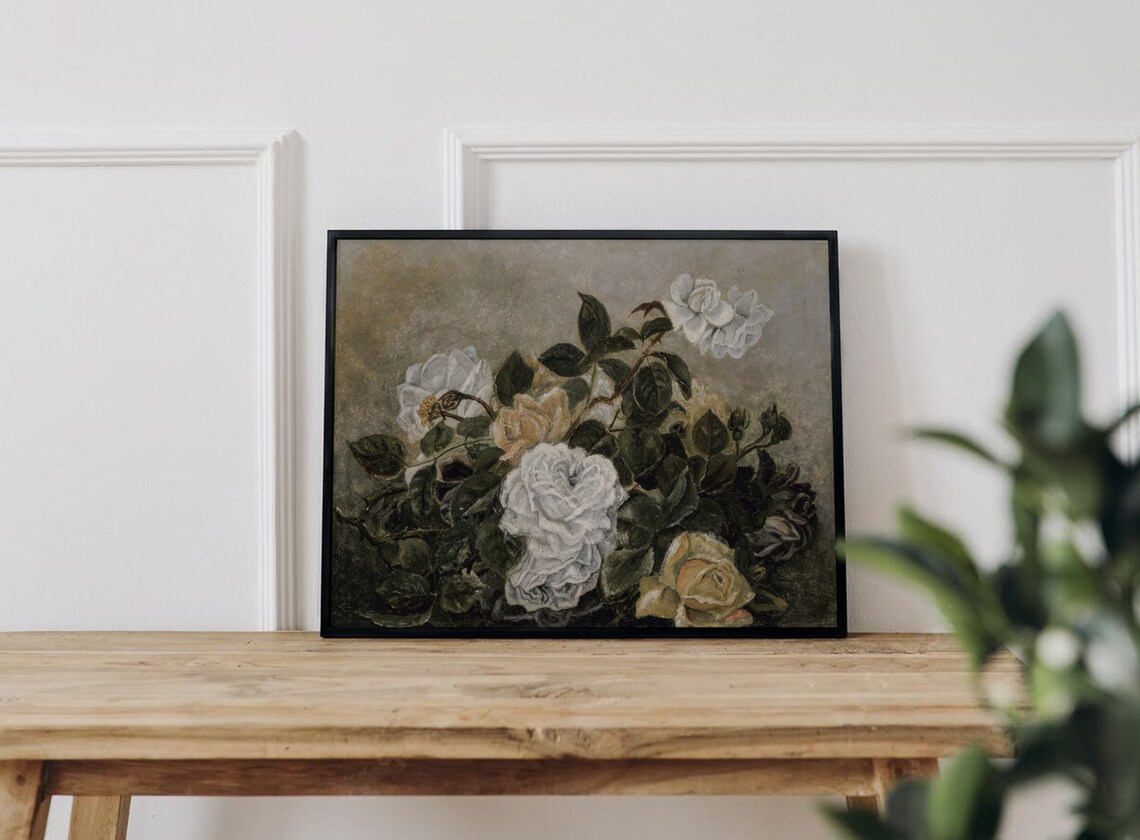 White Yellow Roses Vintage Floral Still Life Art Print - Image 3
