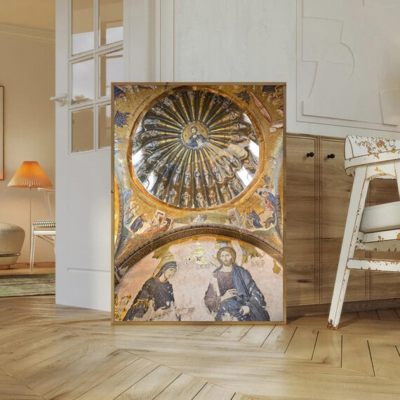 Golden Byzantine Dome Mosaic With Christ and Mary Scene Poster