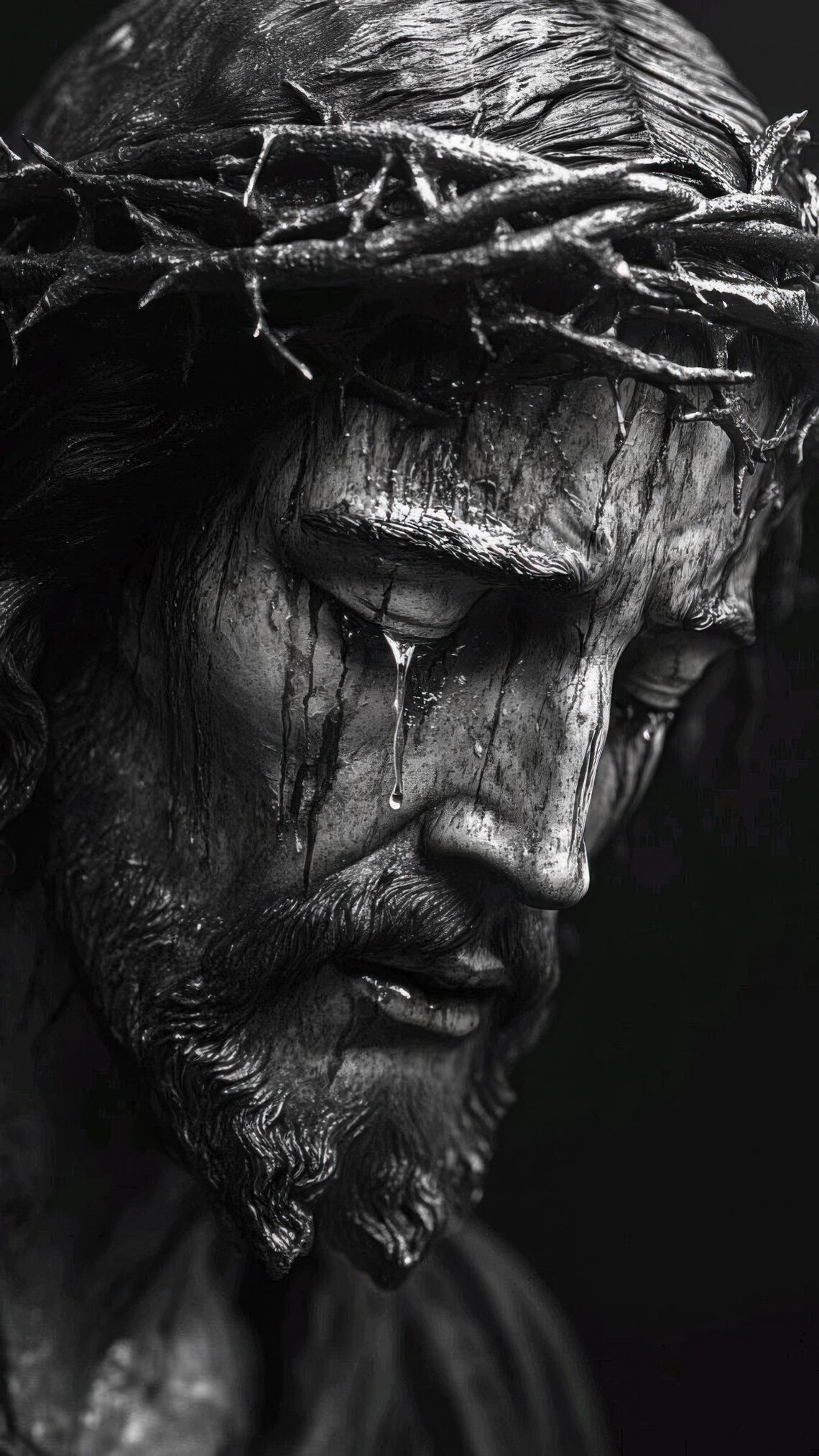 Jesus Christ Crown of Thorns Dramatic Black and White Poster - Image 2