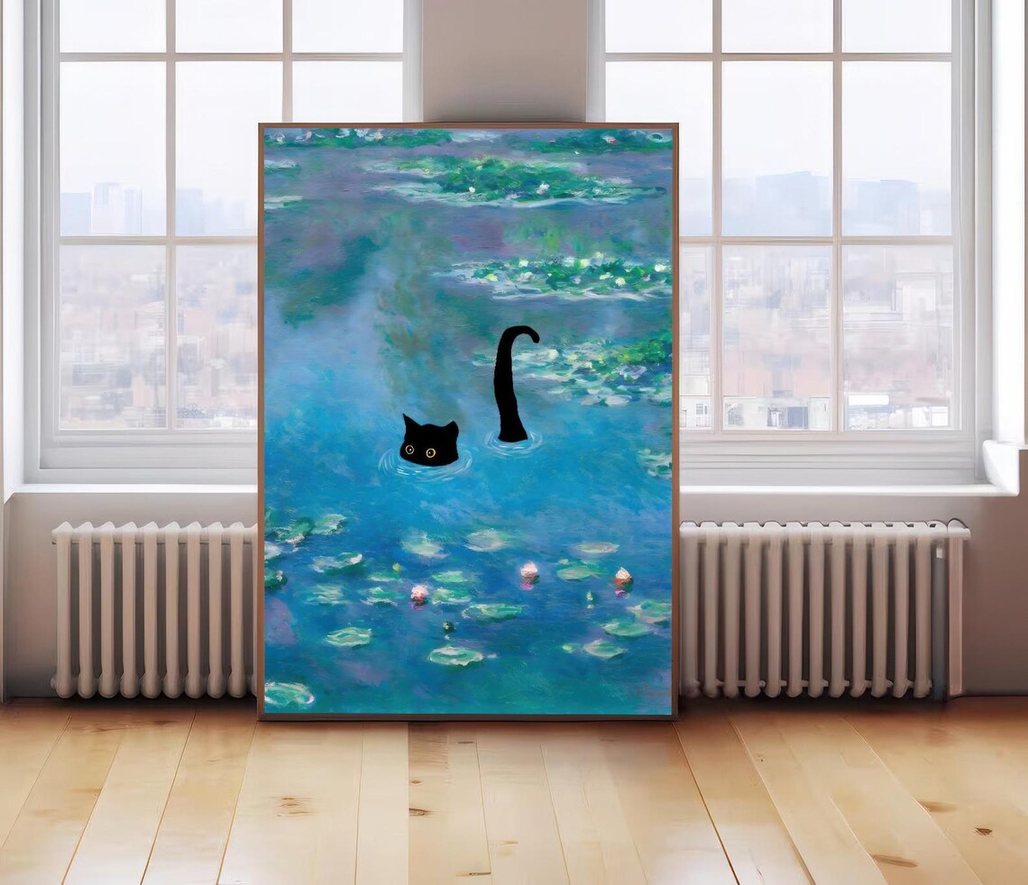 Black Cat Swimming in Monet Style Water Lilies Pond Scene Poster