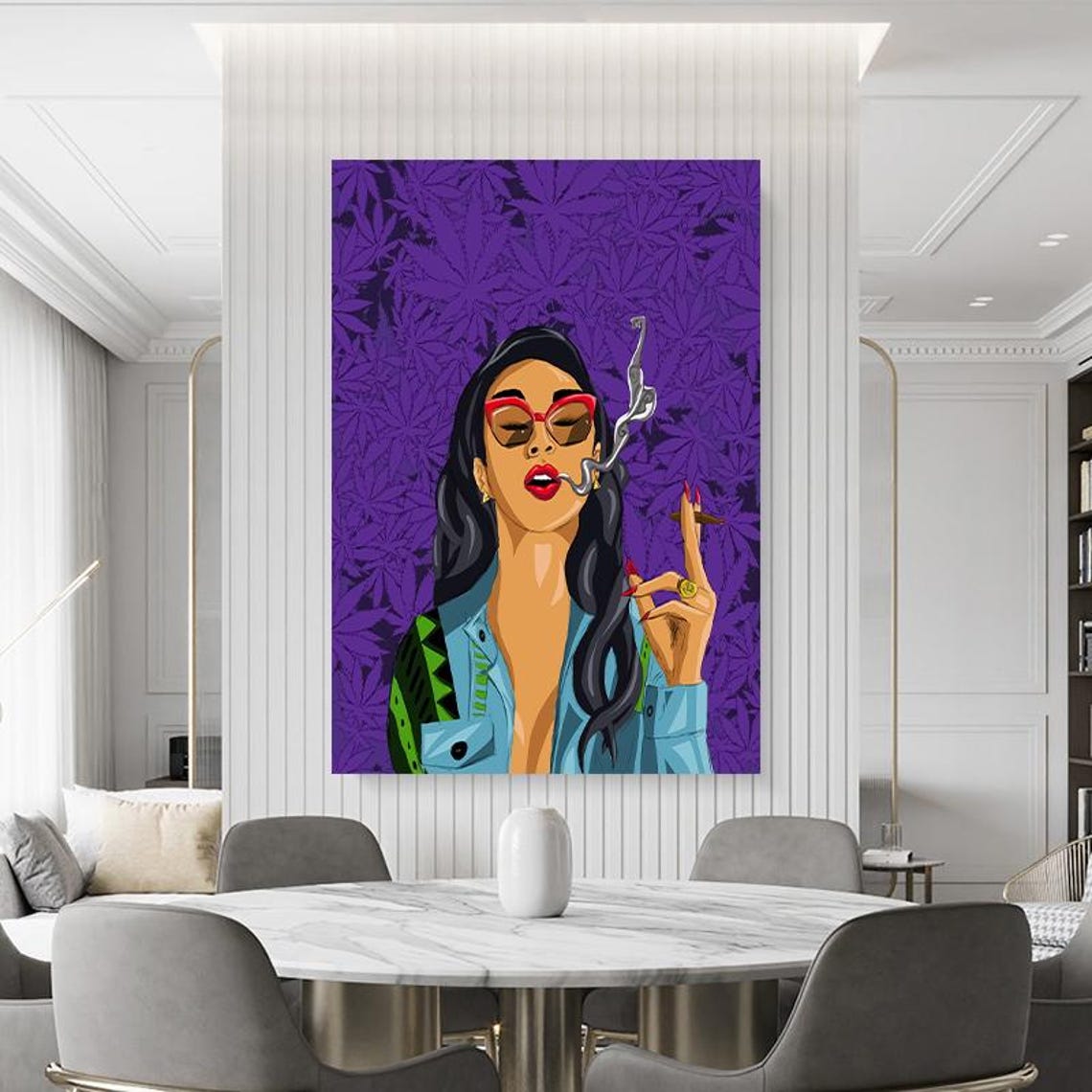 Pop Art Woman Smoking Against a Purple Cannabis Leaf Pattern Poster - Image 3