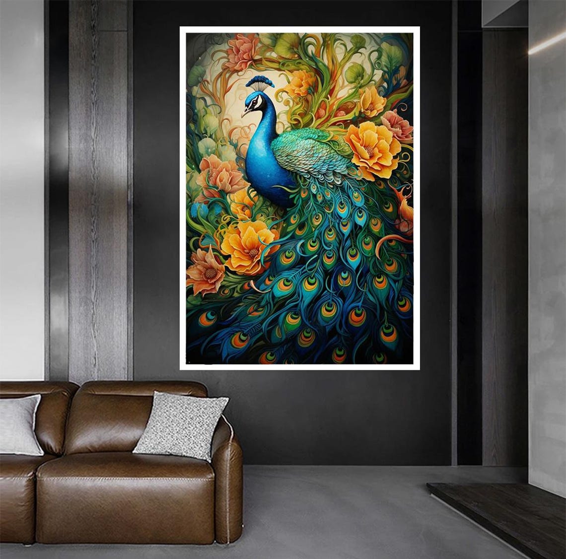 Blue Peacock With Flowing Tail Among Orange Blossom Flowers Art Poster - Image 3