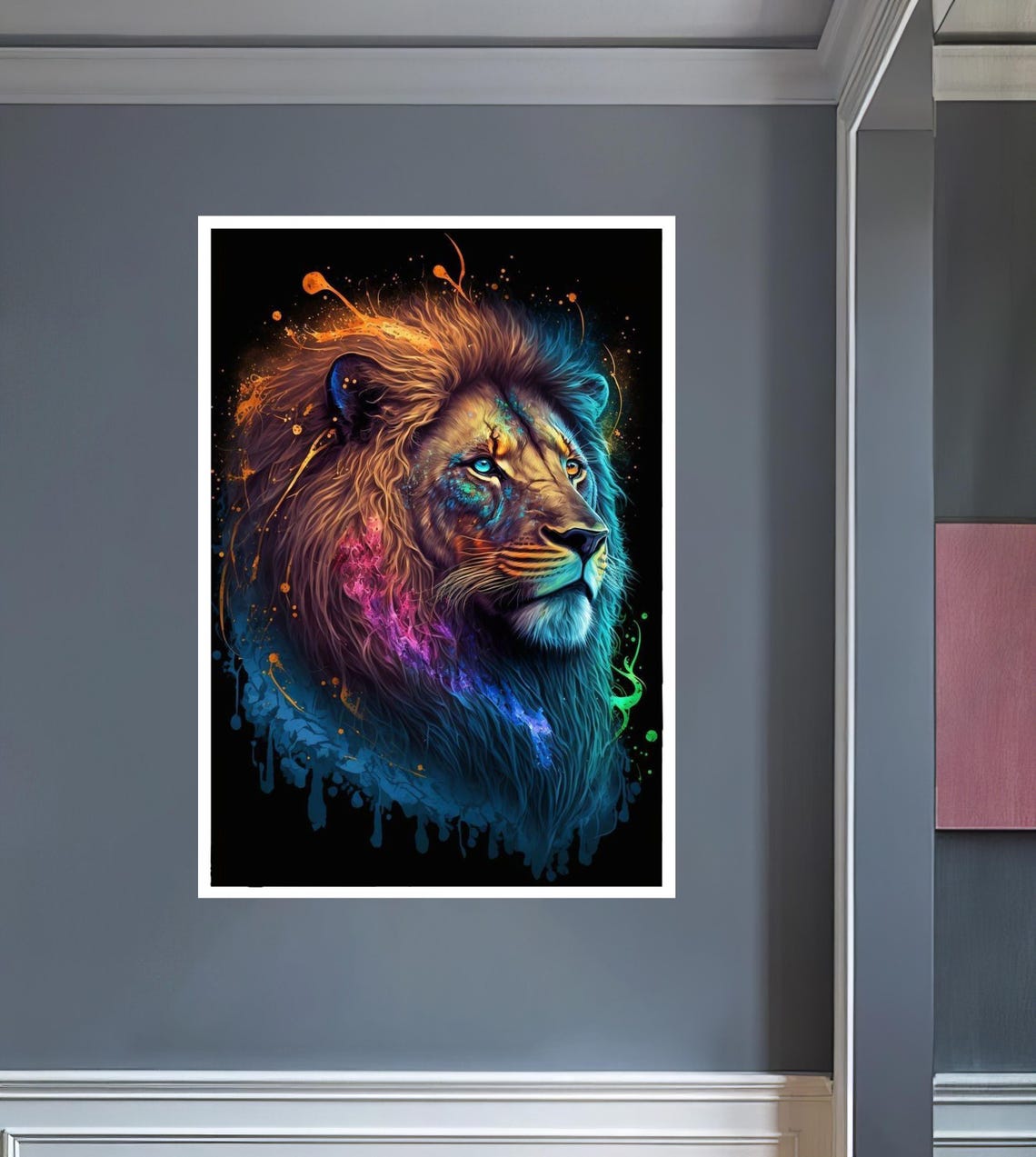 Lion in Profile With Neon Paint Splatter on a Black Art Poster - Image 2