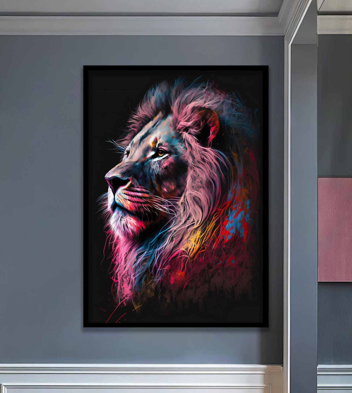 Colorful Neon Lion Profile Pink Blue Black Canvas Art Wall Poster - Image 3